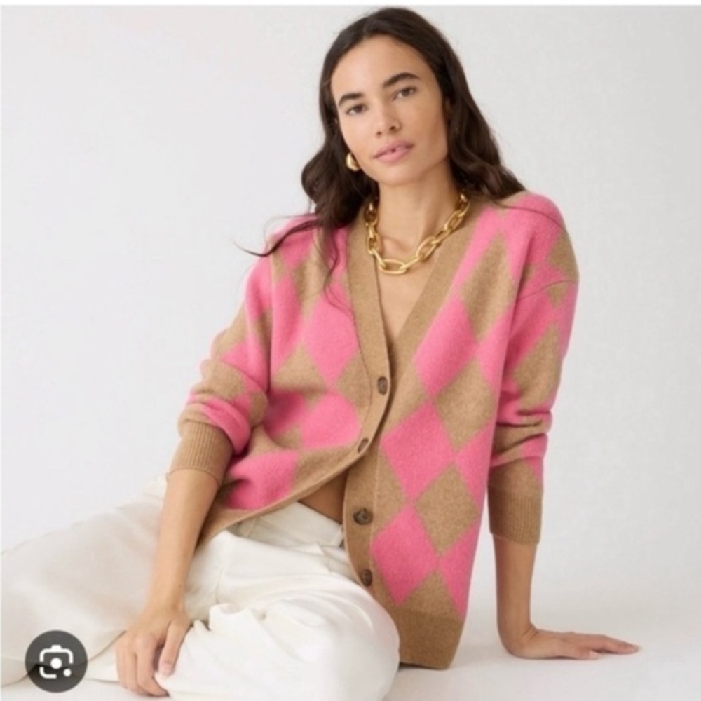 J. Crew Vibrant Pink and Brown Argyle Sweater